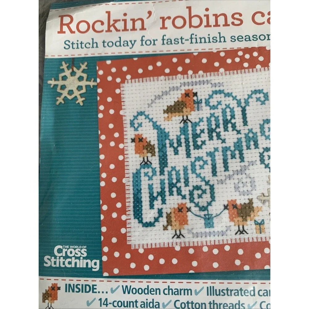 Rockin Robins Merry Christmas Card Kit With Wooden Charm Festive Cross Stitching